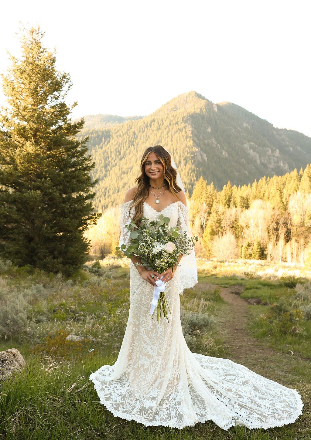 off the shoulder romantic wedding dress Chic Wedding Dress with Off-the-Shoulder Sleeves