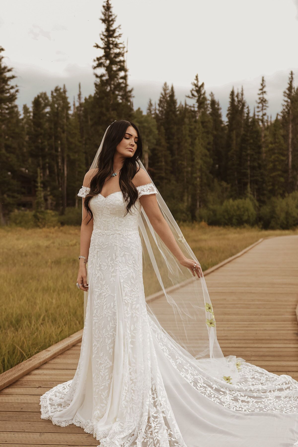 off-the-shoulder eyelash lace sheath wedding dress Nathalia