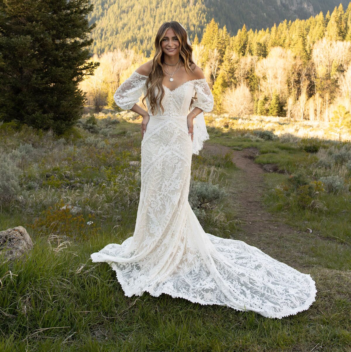 lace off shoulder wedding dress DENNARA / Plunge Neckline and court train for a romantic bridal look. Off the Shoulder Wedding Dresses