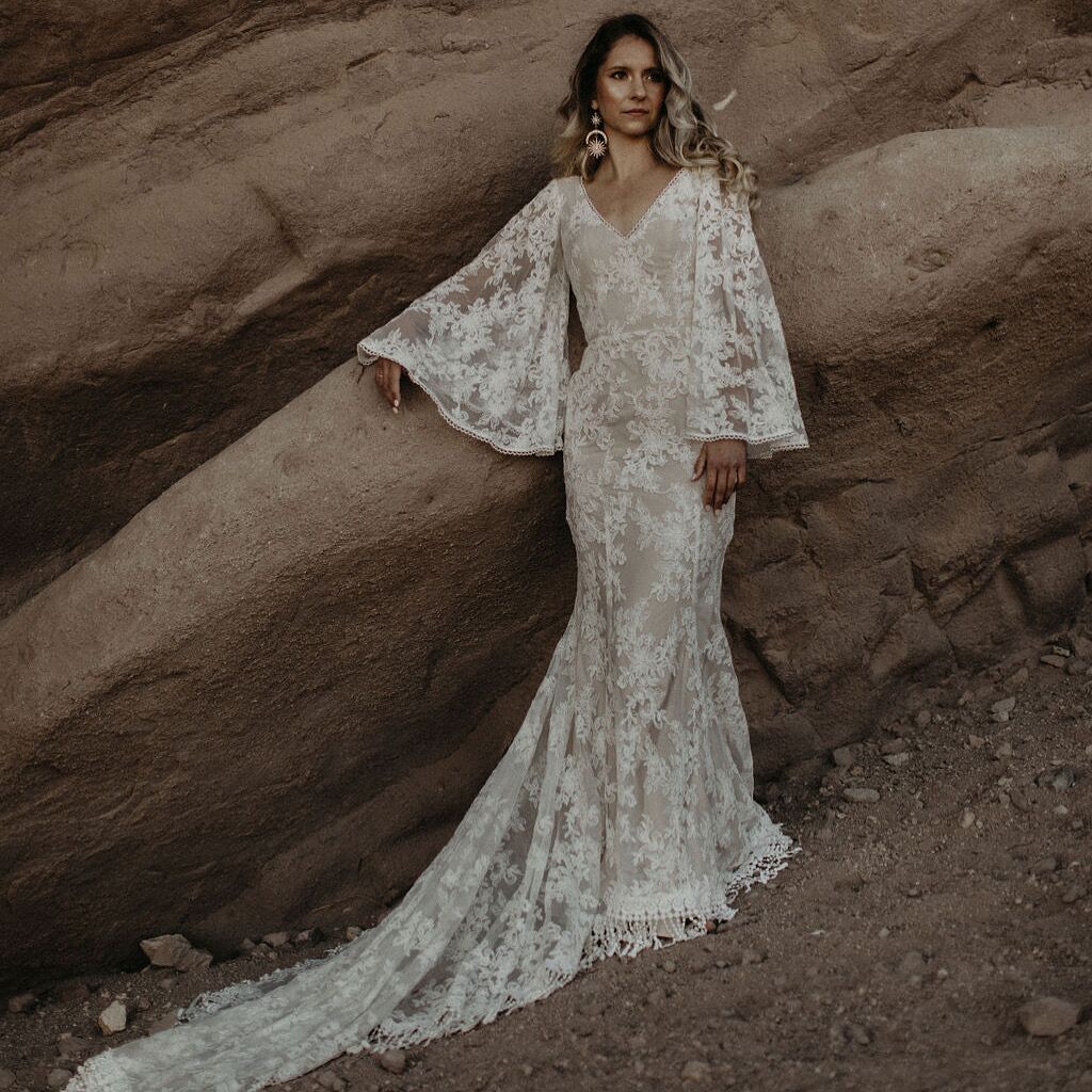 long sleeve bell dress Pleated A-Line Formal with Sleeves Rose Gold / 10 and long bell sleeves with tapered cuffs Prom Dress Style #24249 |