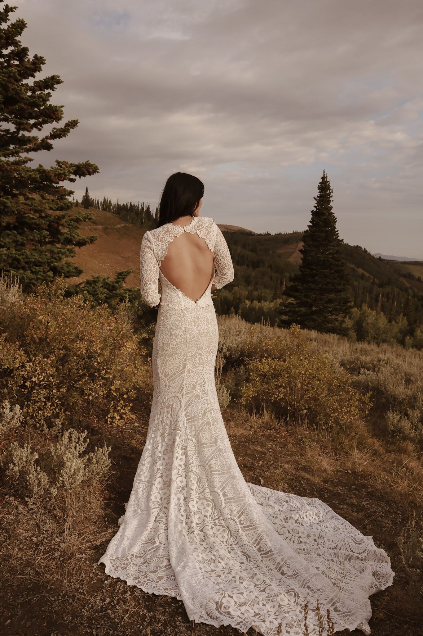 lace dress bridal A-line Long-Sleeve Wedding with High Neck bolero and Corset  Think Sheer lace with visible boning Hem/Train Open Back Floral Lace Wedding