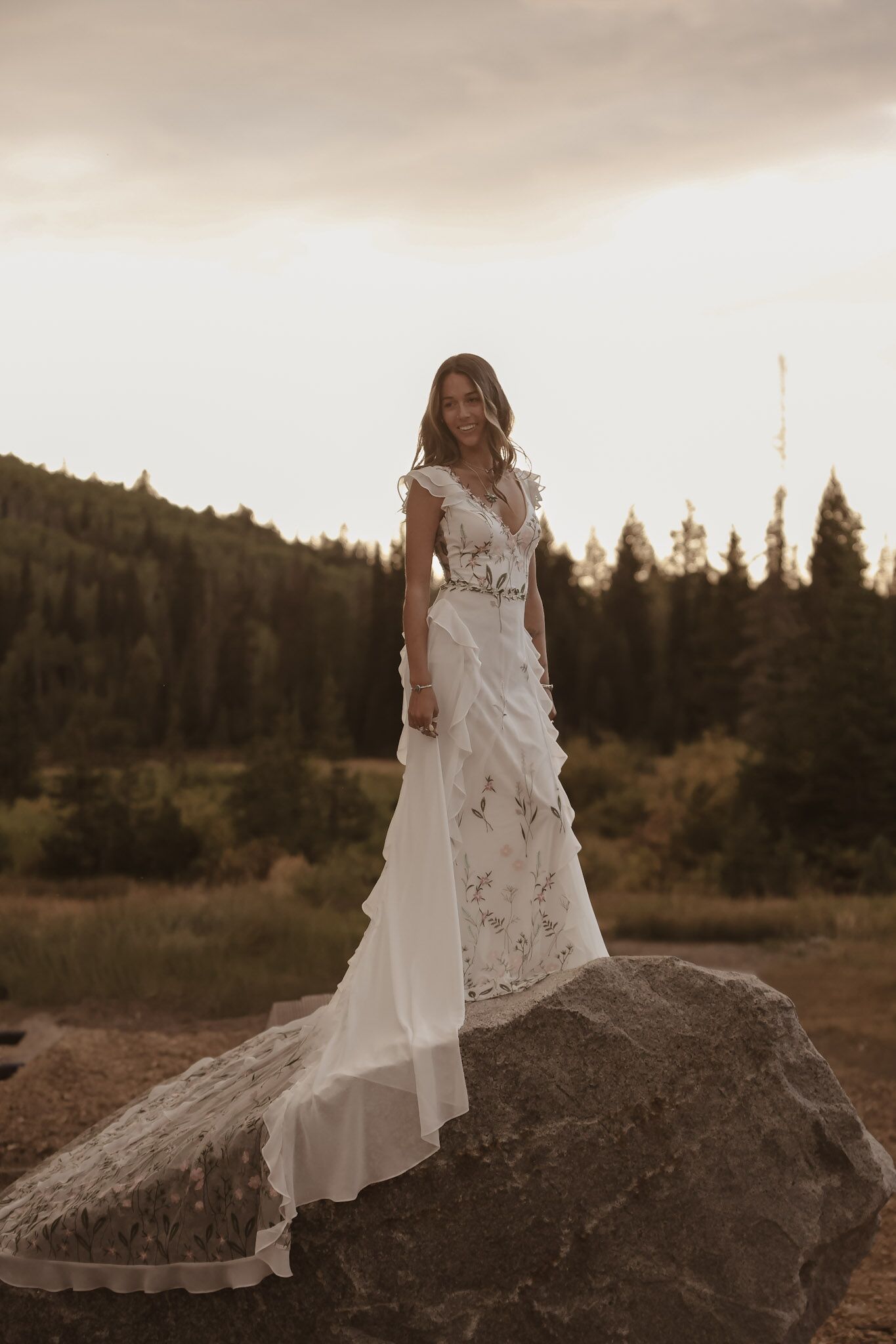 floral embroidered wedding dresses Long Sleeve Applique V Neck Dress Natural 7 Ruched Flower Lace Tea Length
